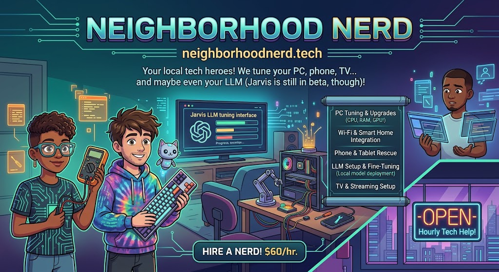 Neighborhood Nerd Avatars fixing PCs, Networks, and LLMs